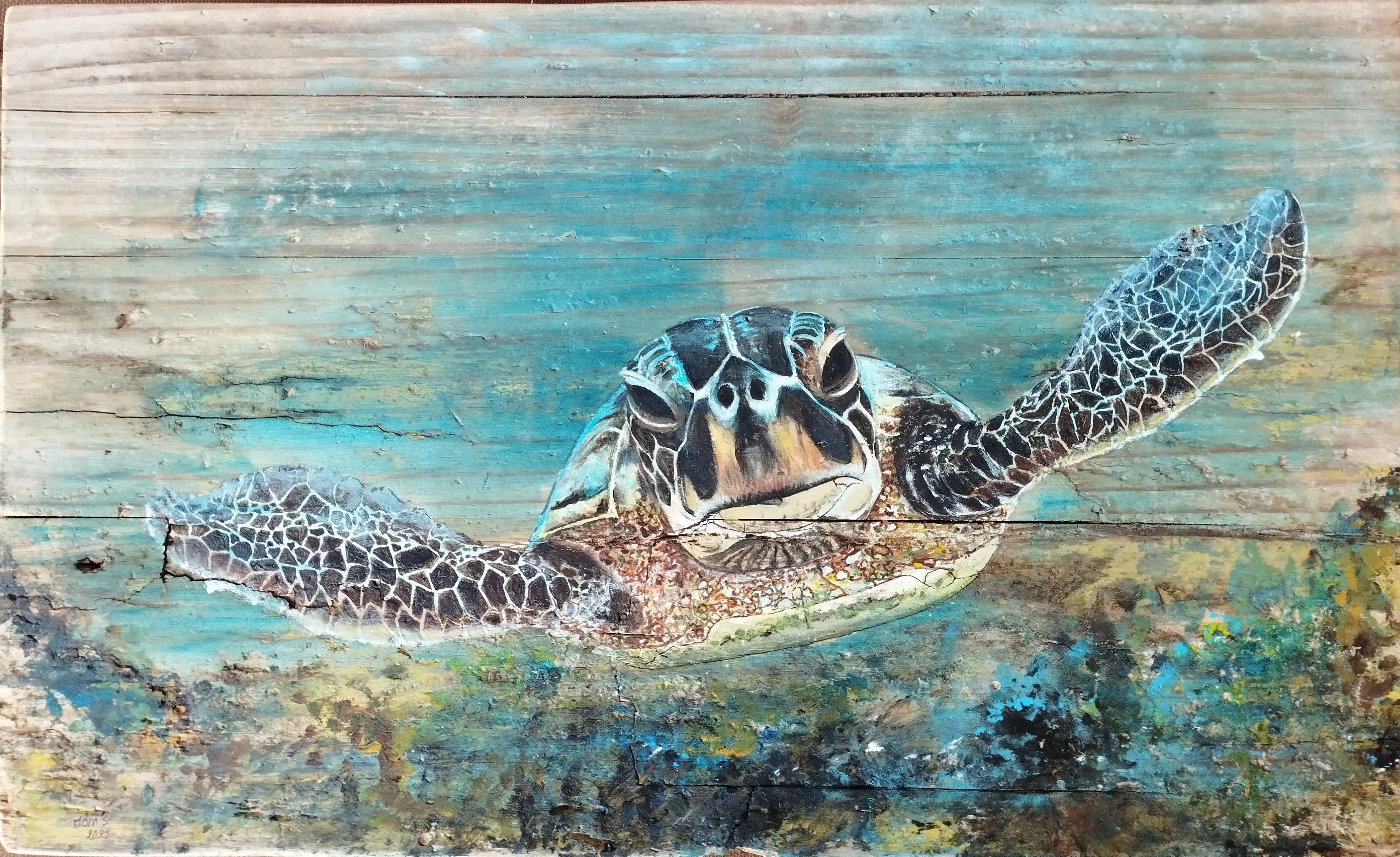 Peinture acrylique de tortue marine sur bois de coffrage